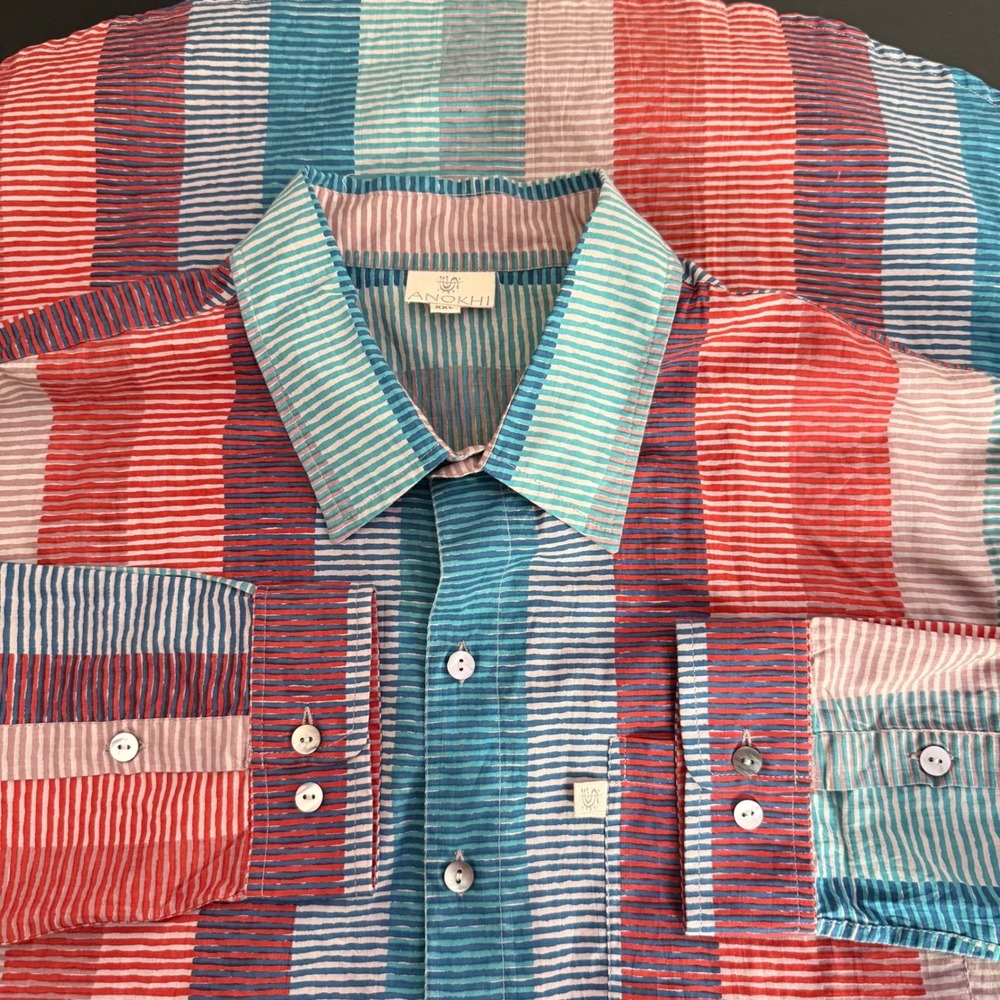 Anokhi Men Button Up Tribal Stripe Shirt Size XXL Cotton Eclectic Long‎ Sleeve